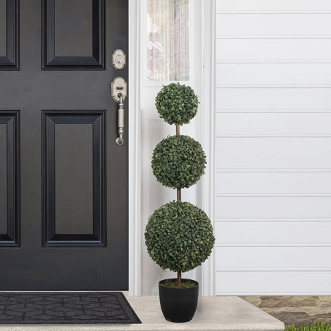 38" Artificial Two-Tone Boxwood Triple Ball Topiary Tree With Round Pot  Unlit