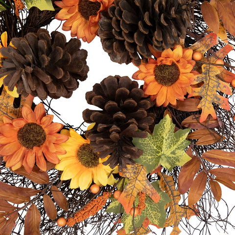 Sunflowers and Pine Cones Fall Artificial Thanksgiving Wreath  24-Inch  Unlit