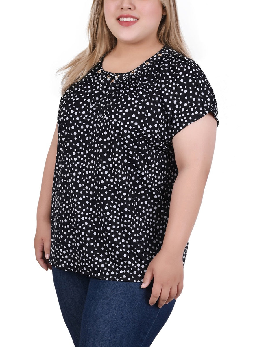  NY Collection Plus Size Extended Sleeve Top With Grommets - Black Blue Taupe Abstract - Bonton