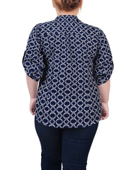 Plus Size 3/4 Roll Tab Sleeve Zip Front Top