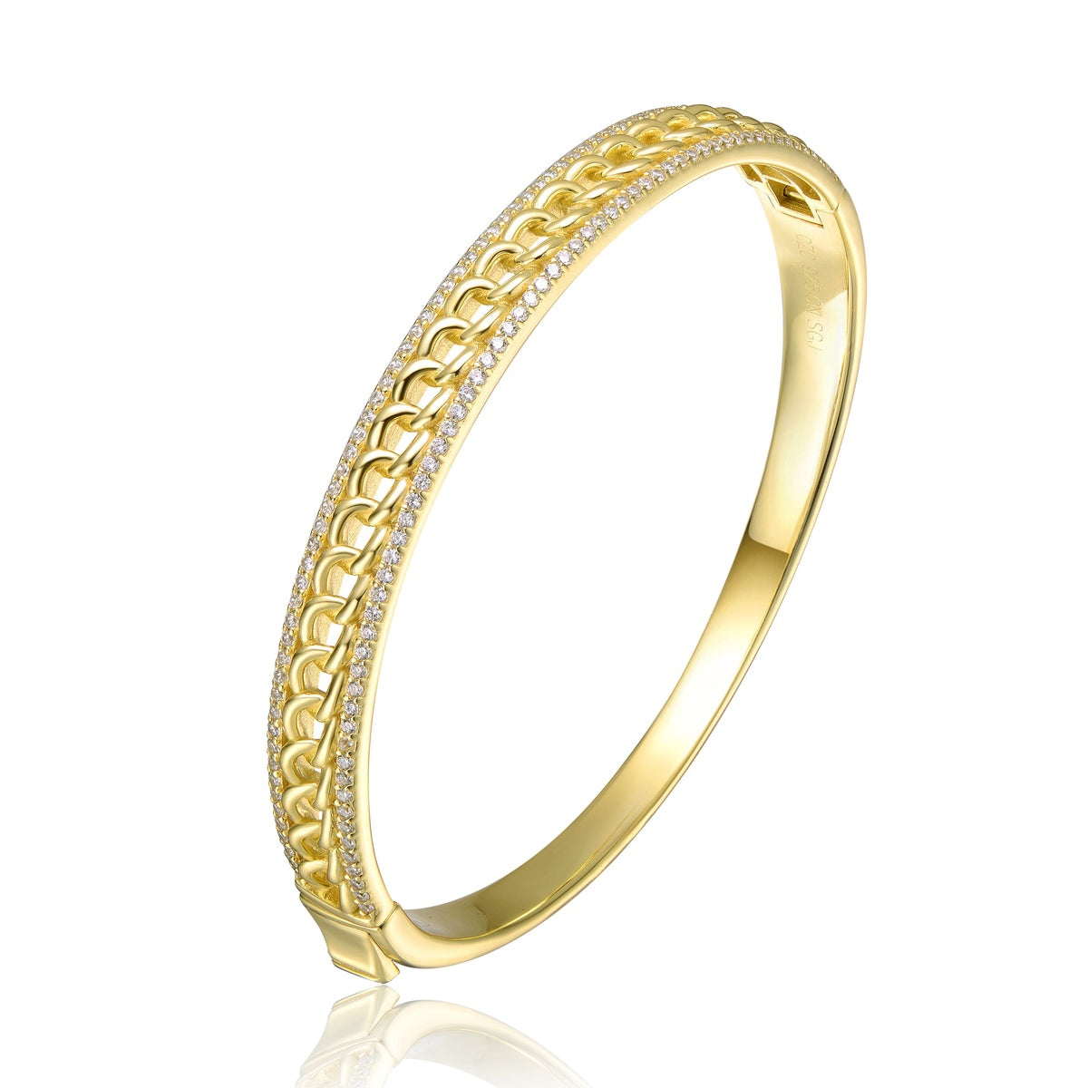  Genevive GV Sterling Silver 14k Yellow Gold Plated With Cubic Zirconia Chain Link Stiff Bangle Bracelet - Gold - Bonton