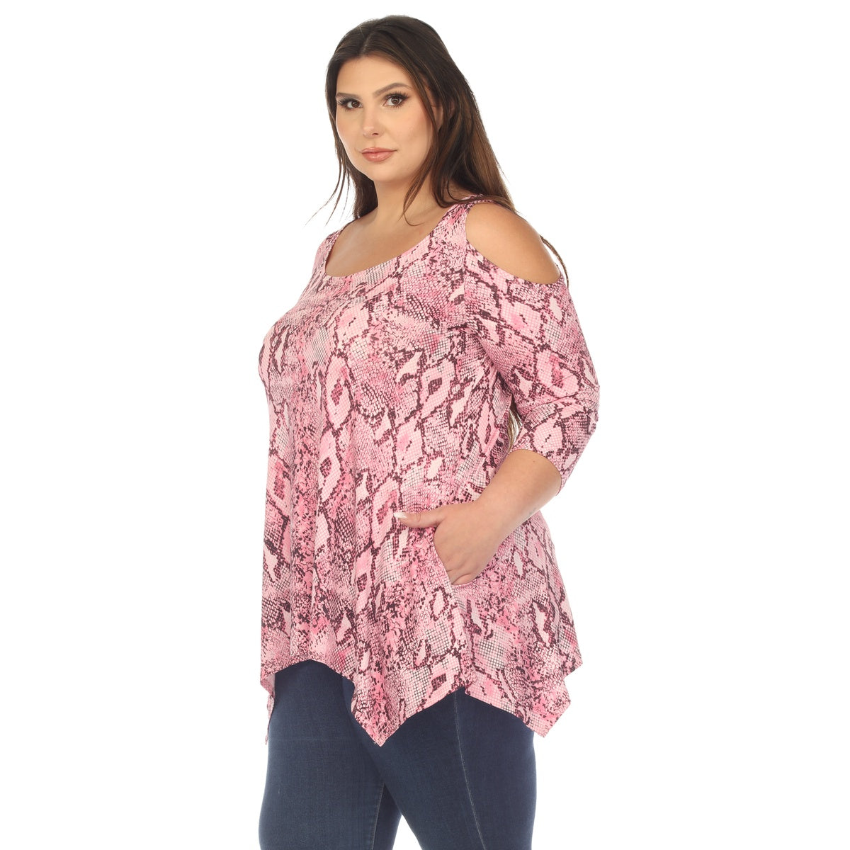  White Mark Plus Size Snake Print Cold Shoulder Tunic - 1X - Bonton