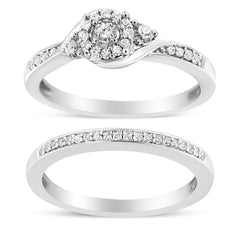 .925 Sterling Silver 1/4 Cttw Diamond Halo and Swirl Engagement Ring and Wedding Band Set (I-J Color, I3 Clarity)- Ring Size 5