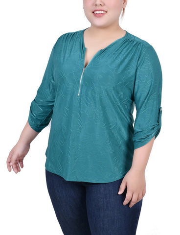 Plus Size 3/4 Roll Tab Zip Front Jacquard Knit Top