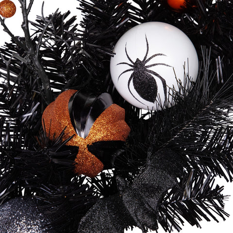 Ornaments and Ghost Halloween Twig Pine Wreath - 24" - Orange and Black - Unlit