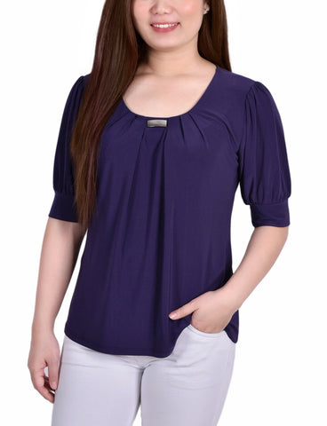 Short Sleeve Balloon Sleeve Top With Hardware