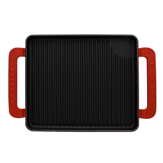 French Rectangular Enameled Cast Iron Grill, 10-Inch, Red