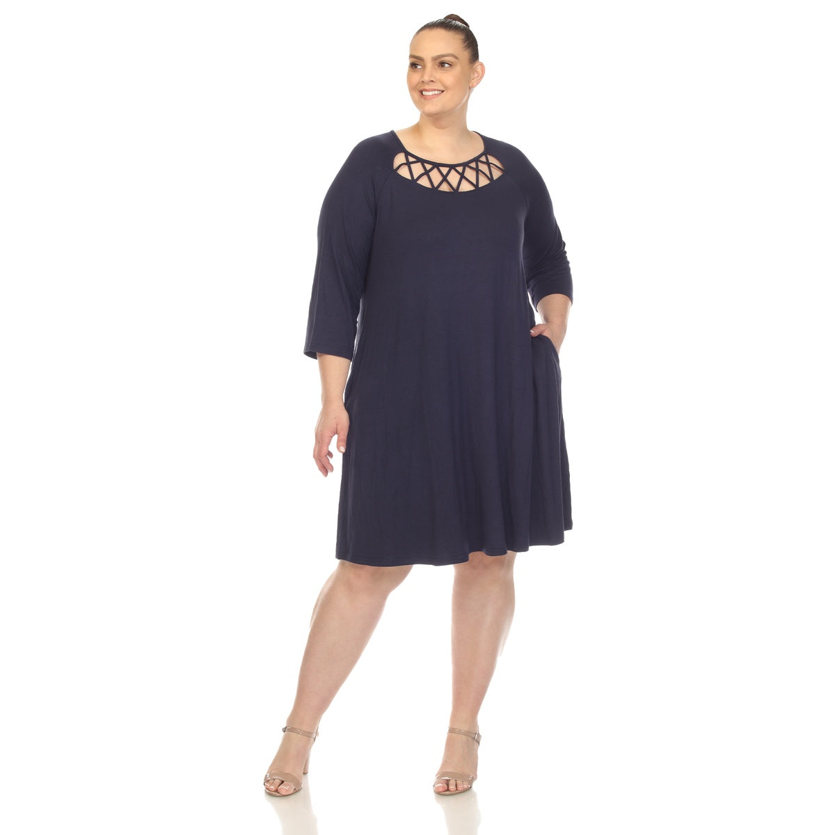  White Mark Plus Size Criss Cross Neckline Swing Midi Dress - 1X - Bonton