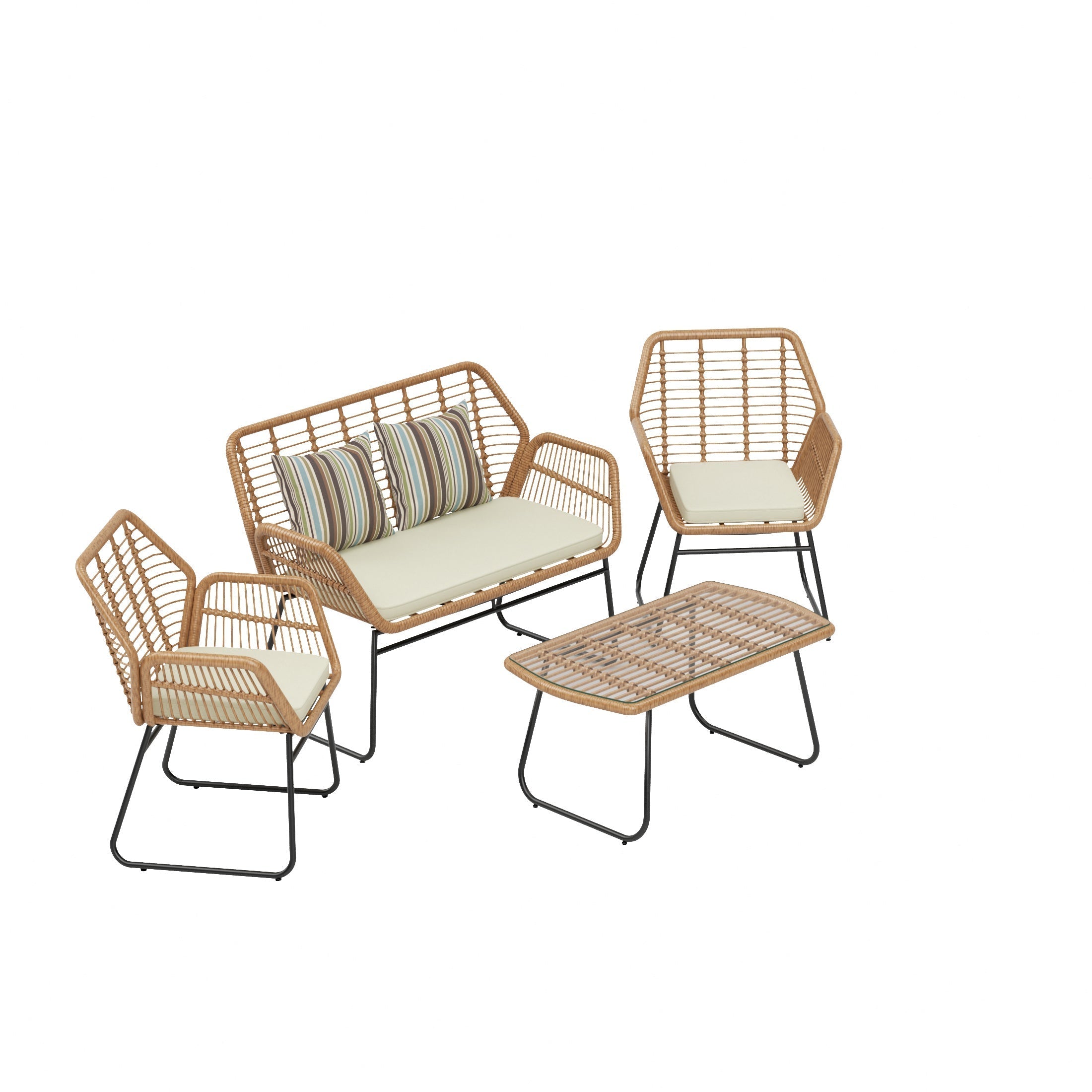  Westin Furniture 4-Piece Outdoor Patio Rattan Wicker Conversation Set - Beige - Bonton