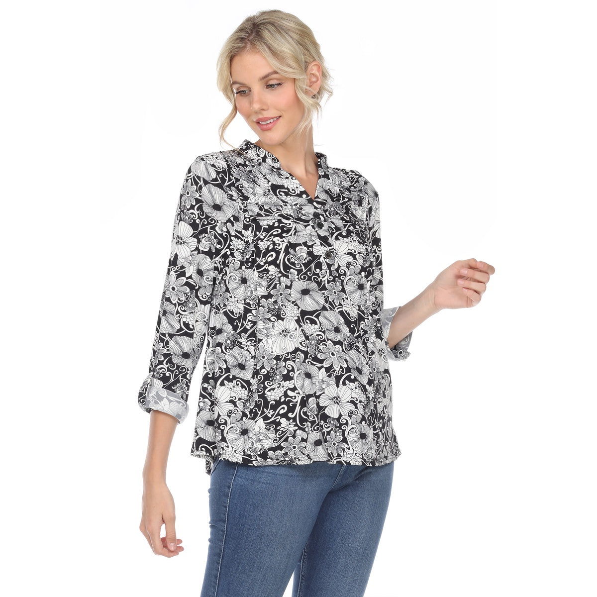  White Mark Women's Pleated Long Sleeve Floral Print Blouse - S - Bonton