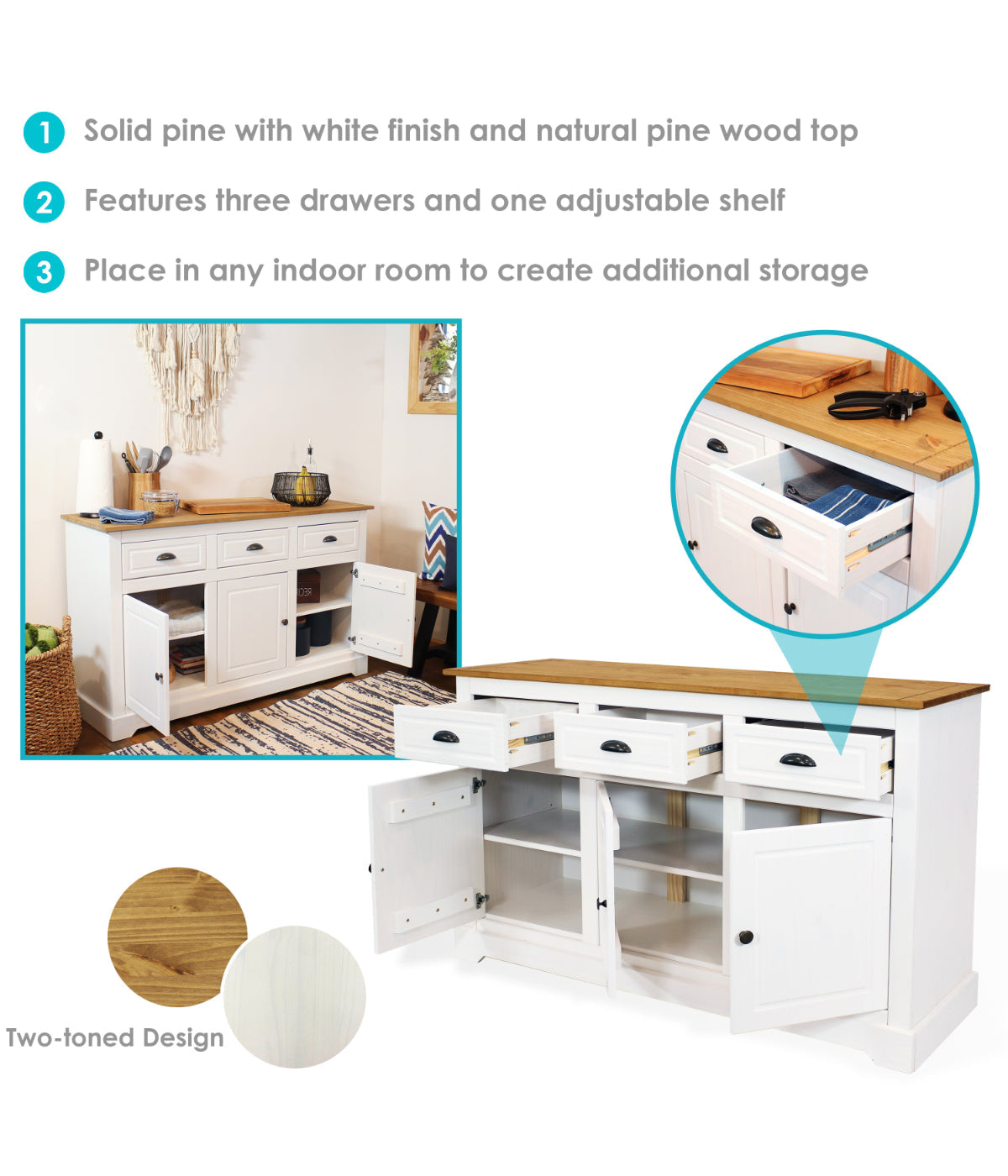  Sunnydaze Decor Solid Pine Sideboard with 3 Drawers & 3 Doors - White - Bonton