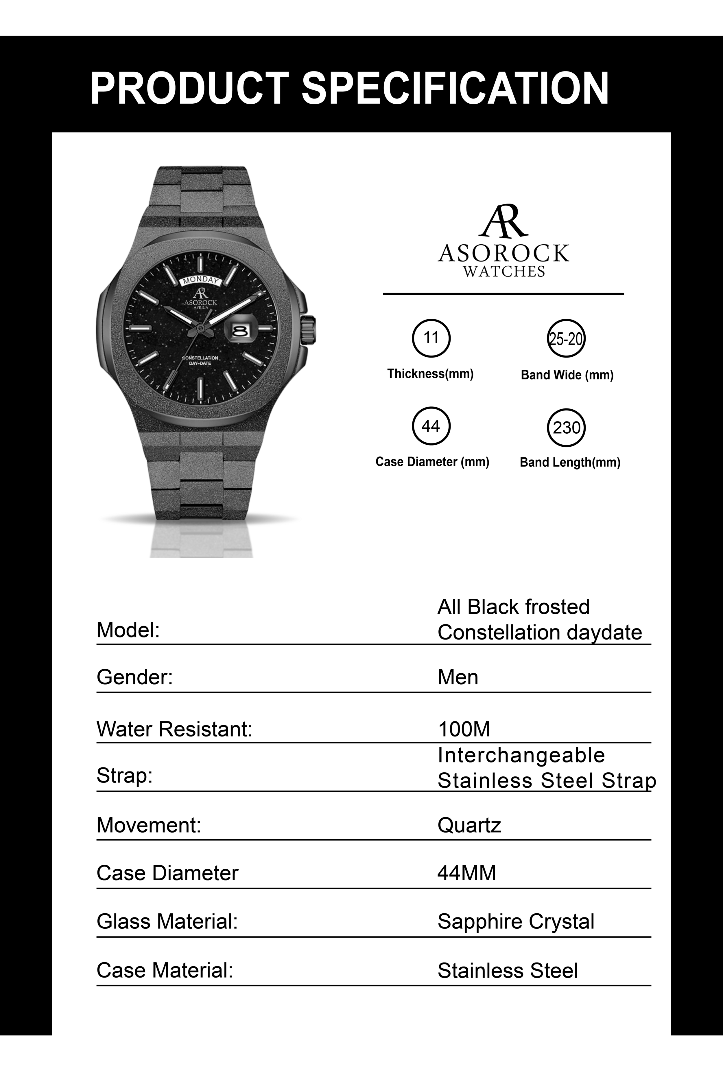  All Black frosted stardust Constellation Day-Date by ASOROCK WATCHES - Default Title - Bonton