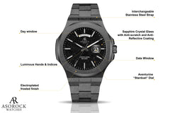 All Black frosted stardust Constellation Day-Date - from ASOROCK WATCHES  a black african american owned luxury unique watch brand with swiss rolex, Audemars Piguet, patek homage inspired style watches. Also a custom vvs moissanite diamond watch maker. 
