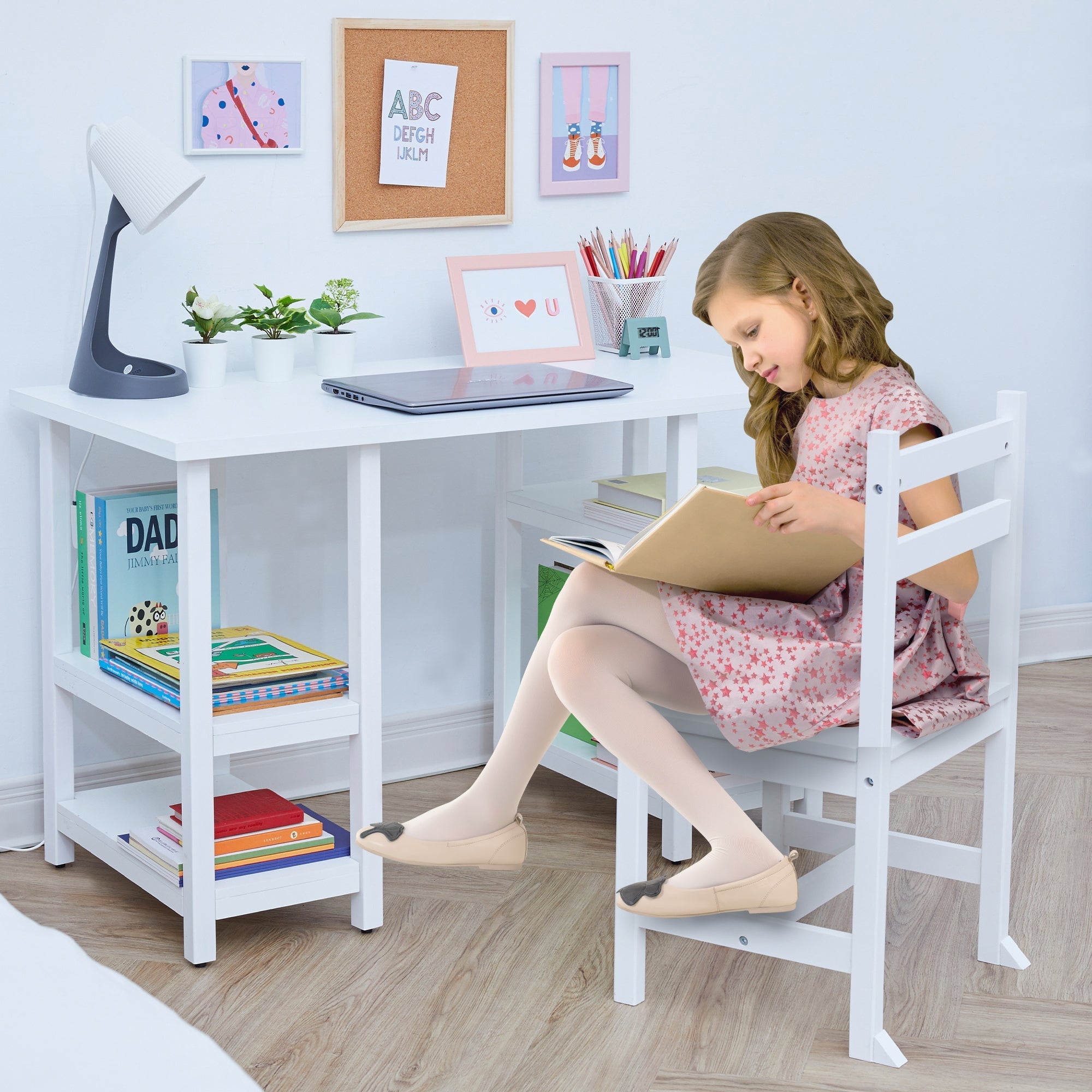  Teamson Kids Fantasy Fields - Kids Wooden Desk & Chairs Set with Shelves On The Side - White - Bonton