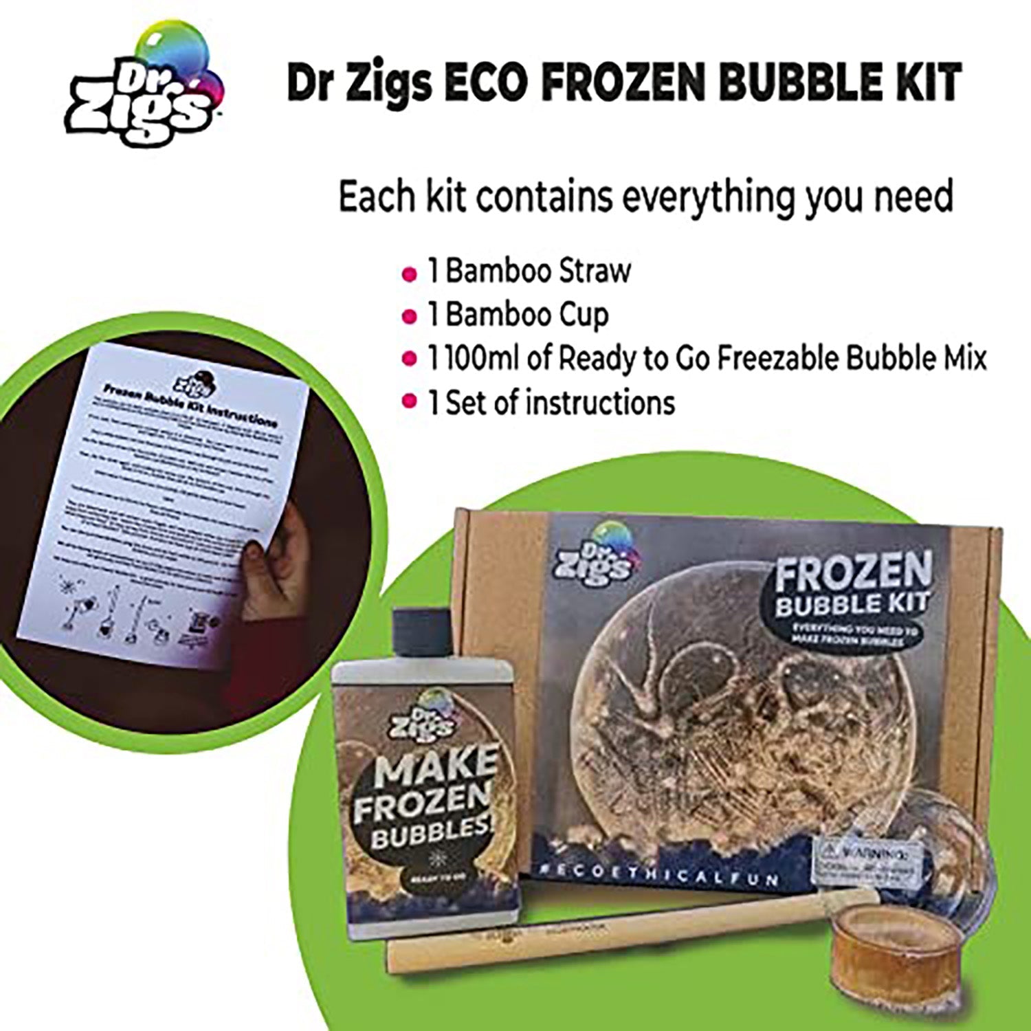  Dr Zigs Dr Zigs: Frozen Bubble Kit - Make Bubbles That Freeze, All-in-1 Kit w/ Bamboo Parts & Plant Based Solution. Create Crystalized Bubbles, Kids Ages 3+ - Multi - Bonton