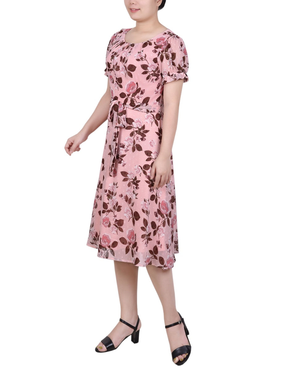  NY Collection Short Sleeve Belted Swiss Dot Dress - Mellow Rose Rectangle - Bonton