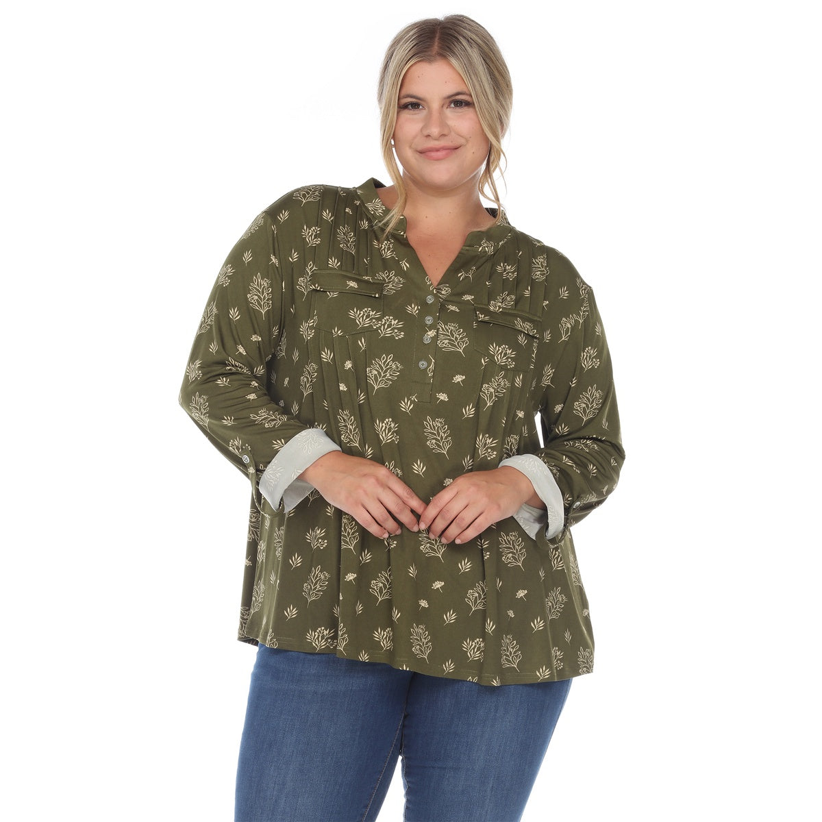  White Mark Plus Size Pleated Long Sleeve Leaf Print Blouse - 1X - Bonton