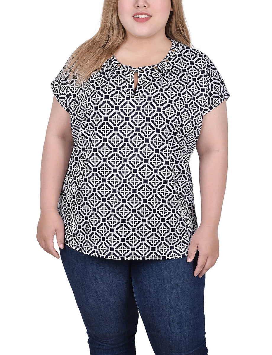  NY Collection Plus Size Extended Sleeve Top With Grommets - Black Blue Taupe Abstract - Bonton