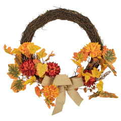 20" Fall Foliage With Mum Flowers Artificial Thanksgiving Twig Wreath - Unlit