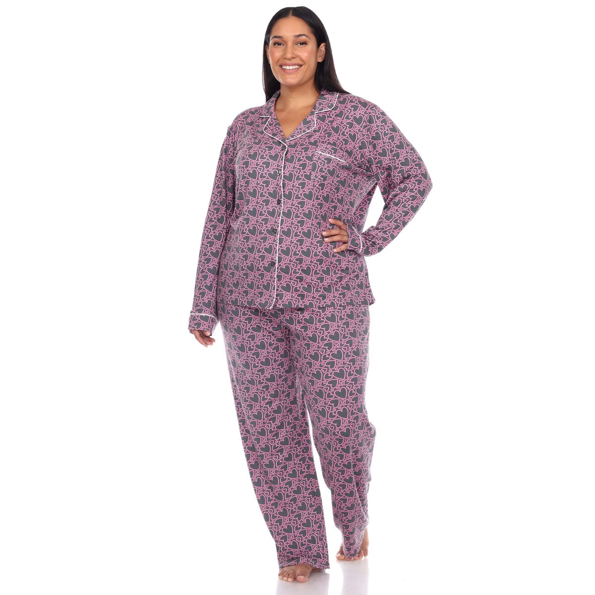  White Mark Plus Size Long Sleeve Heart Print Pajama Set - 3X - Bonton