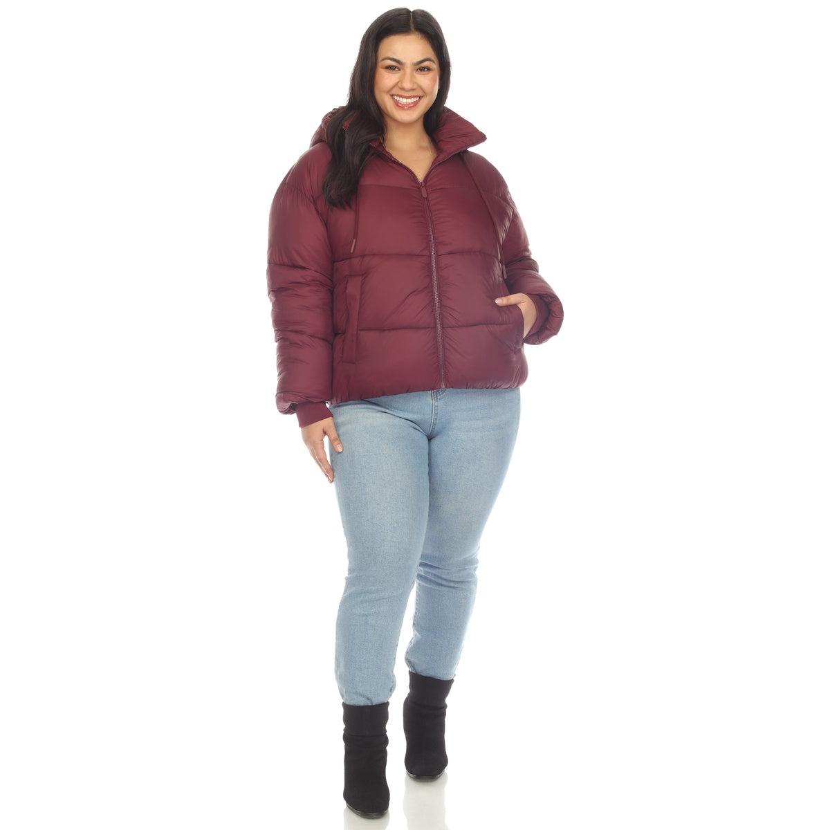  White Mark Plus Size Full Front Zip Hooded Bomber Puffer Coat - 1X - Bonton