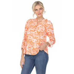 Women's Pleated Long Sleeve Floral Print Blouse