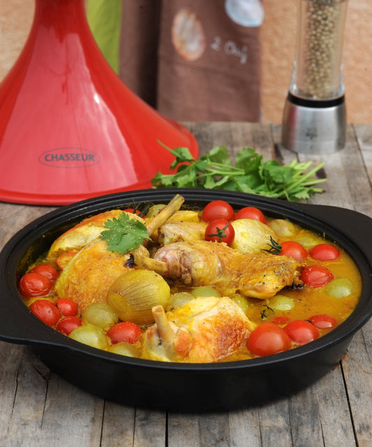 French Enameled Cast Iron Tajine With Ceramic Cone Lid, 12-Inch Diameter, Red