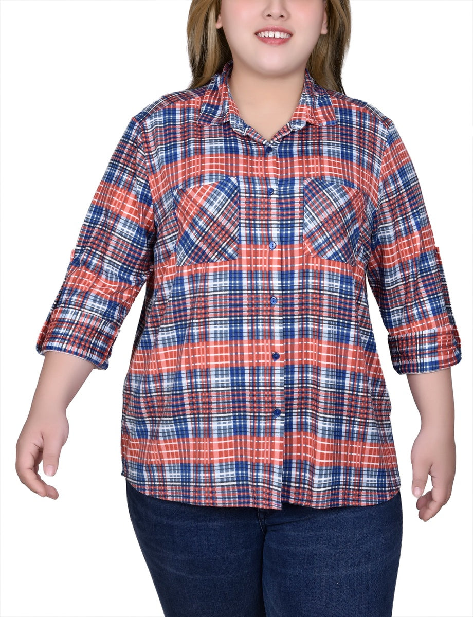  NY Collection Plus Size Long Sleeve Button Front Tunic Top - Rust Denim Plaid - Bonton