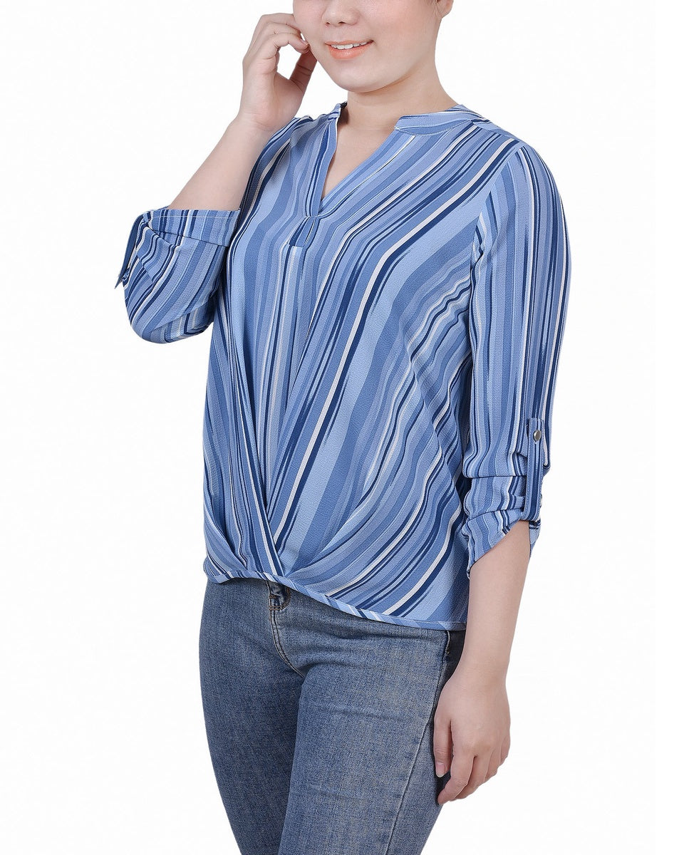  NY Collection Petite 3/4 Sleeve Mandarin Collar Blouse With Front Pleats - Black Mauve Stripe - Bonton