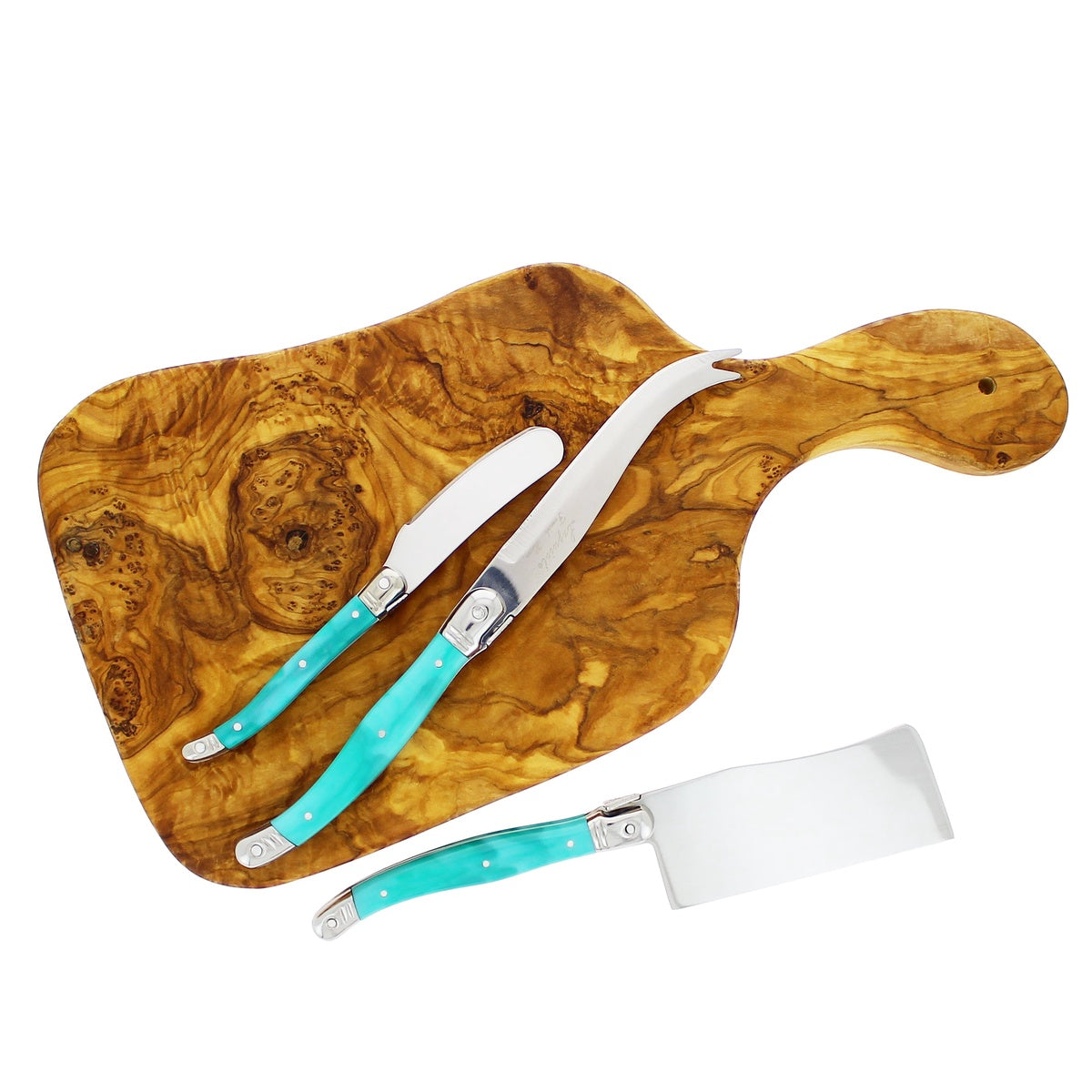  French Home Olive Wood 13-Inch Cheese Board and Set of 3 Laguiole Cheese Knives With Faux Turquoise Handles - Default Title - Bonton