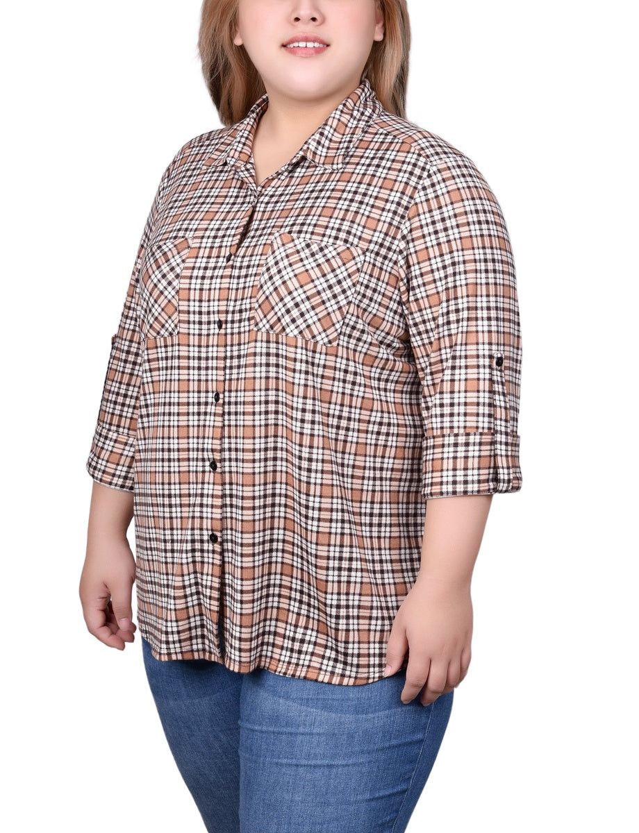  NY Collection Plus Size Long Sleeve Button Front Tunic Top - Rust Denim Plaid - Bonton