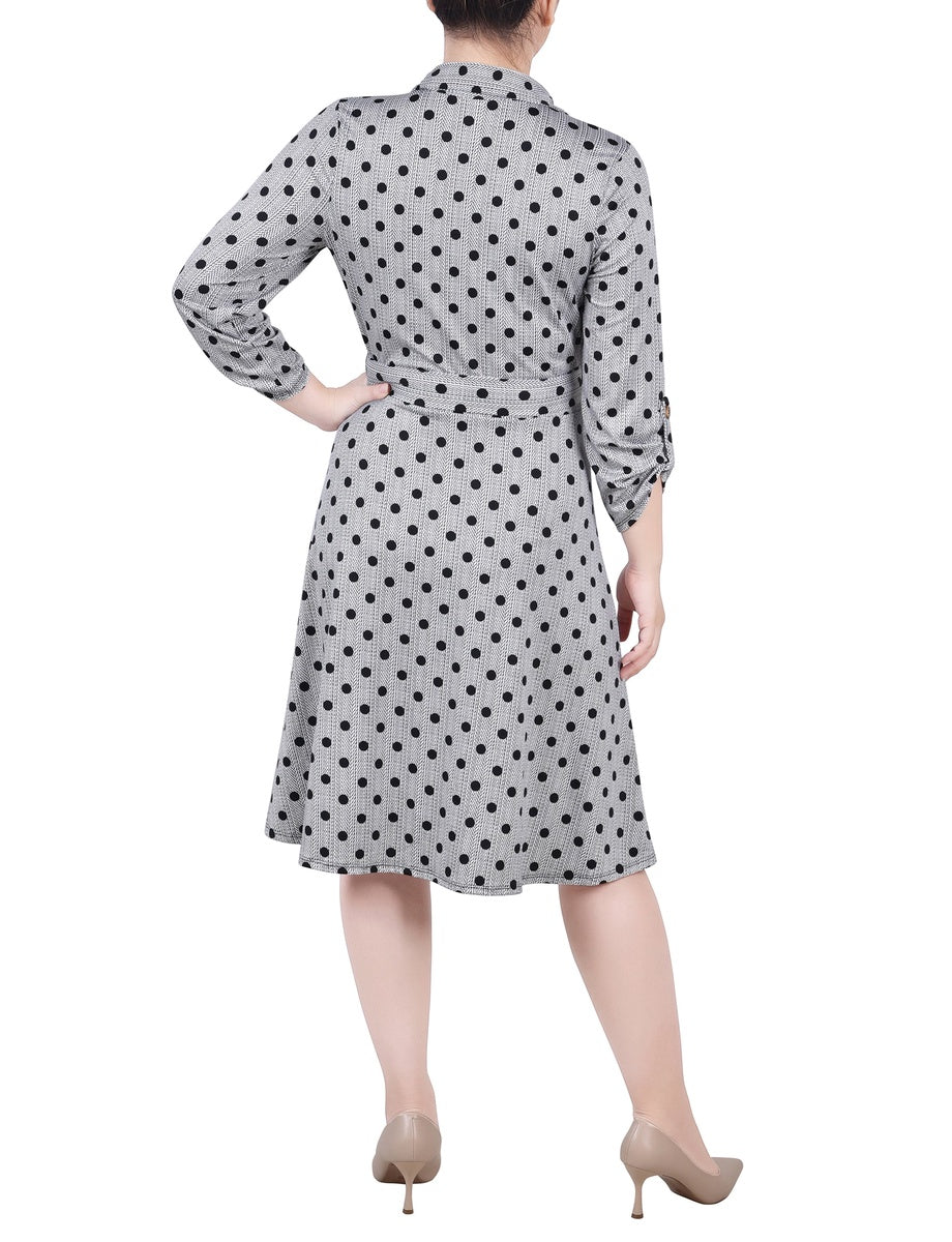  NY Collection Petite 3/4 Slv Roll Tab Shirtdress - Black Gold Harlie - Bonton
