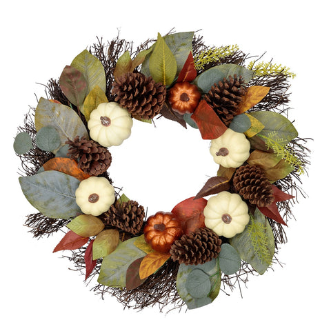 Pumpkin  Pinecone  and Gourd Artificial Fall Harvest Wreath  24-Inch  Unlit