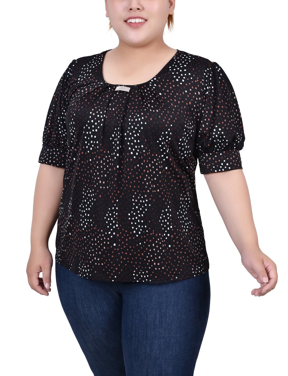  NY Collection Plus Size Short Sleeve Balloon Sleeve Top With Hardware - Black Taupe Zebra - Bonton