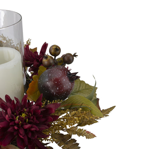 Mums With Pomegranate Fall Harvest Pillar Candle Holder Centerpiece - 22"