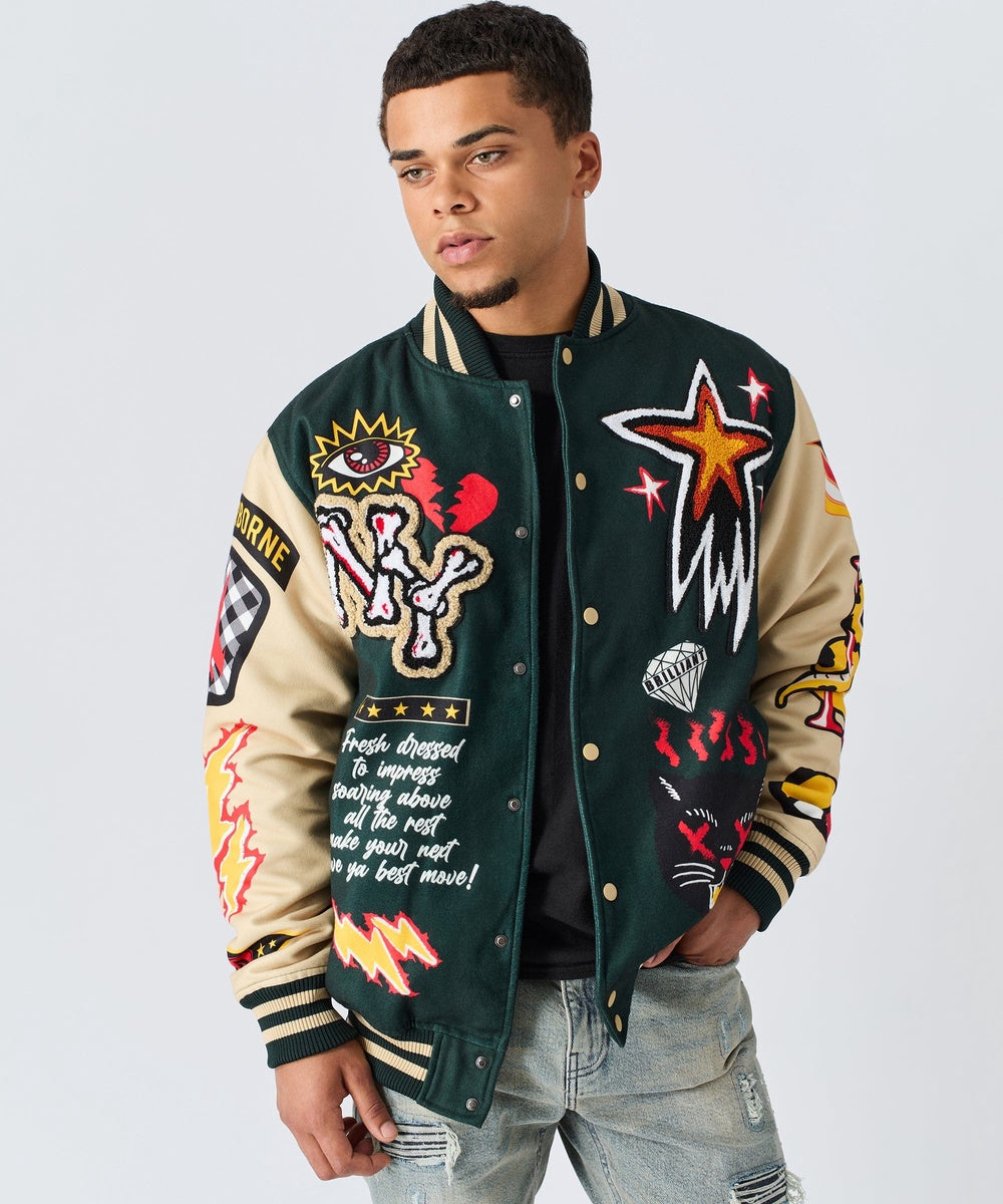  Reason Clothing Super Fly Chenille Patched Varsity Jacket - Green - GREEN - Bonton