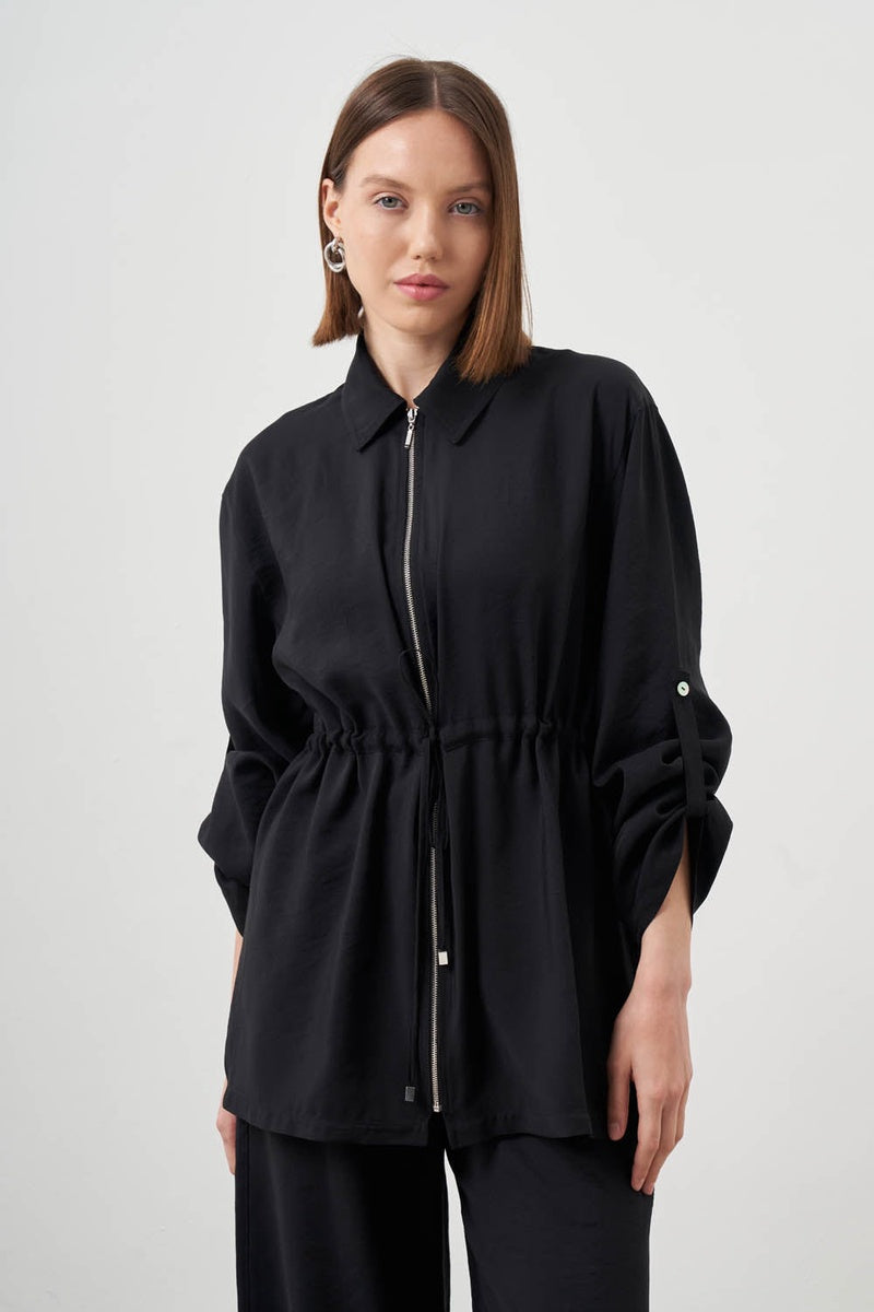  Mizalle Mizalle-Cinched Waist Shirt Jacket-Black - Black - Bonton