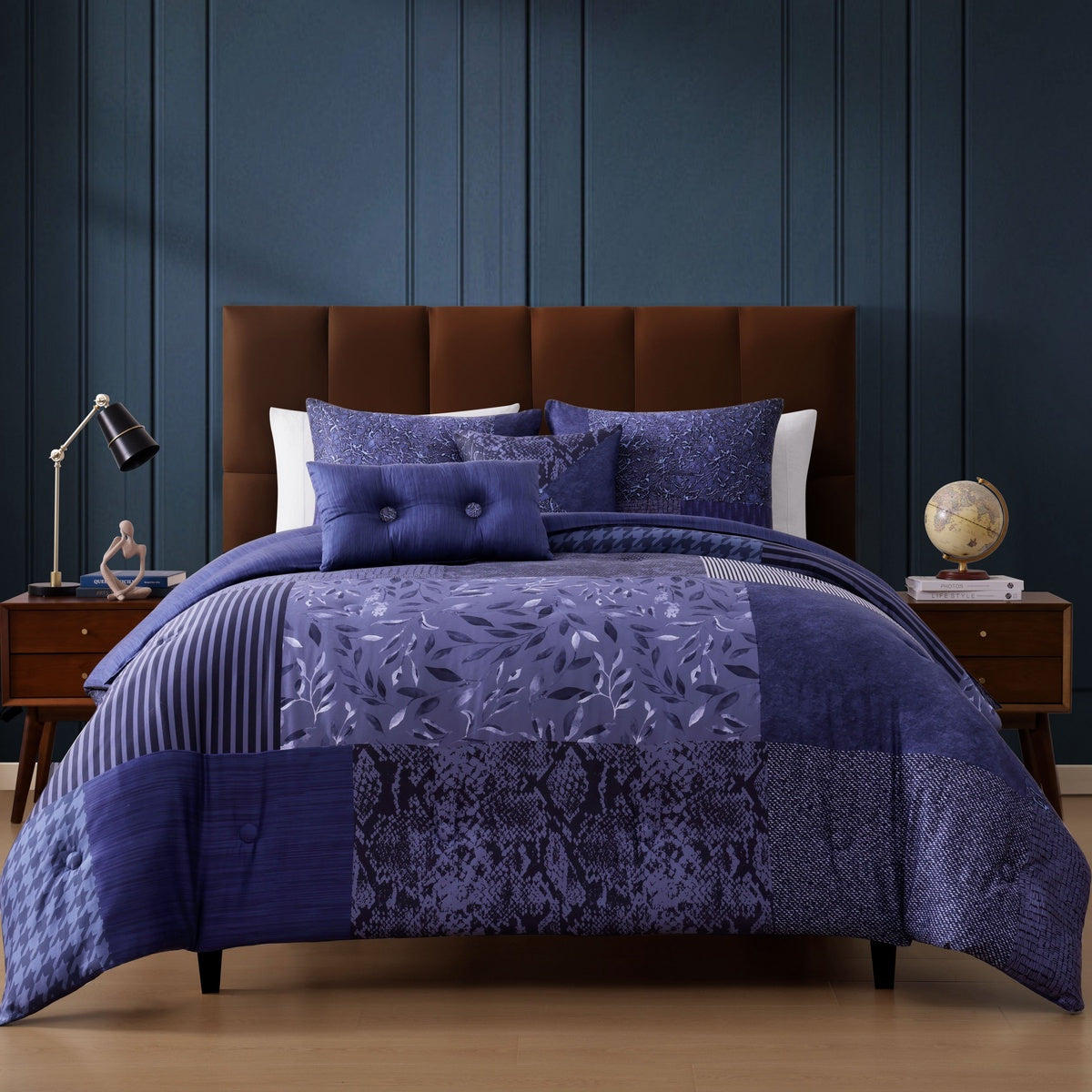  Bebejan Bebejan Blue Denim Patchwork 5 Piece Reversible Comforter Set - QUEEN - Bonton
