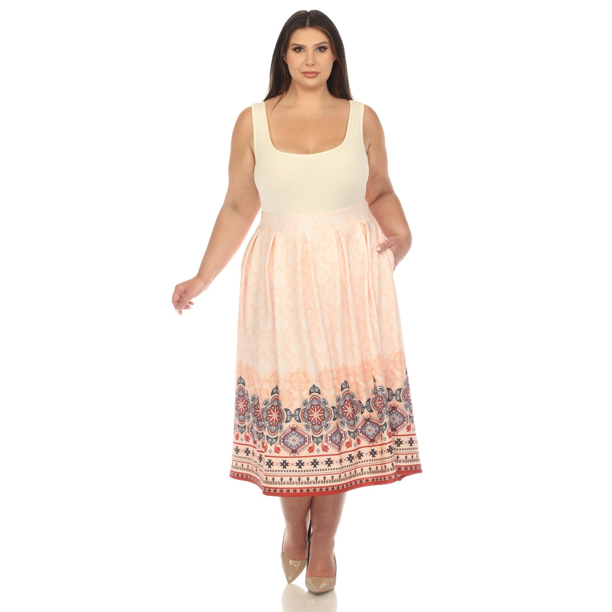  White Mark Plus Size Pleated Skirt With Border Prints - 1X - Bonton