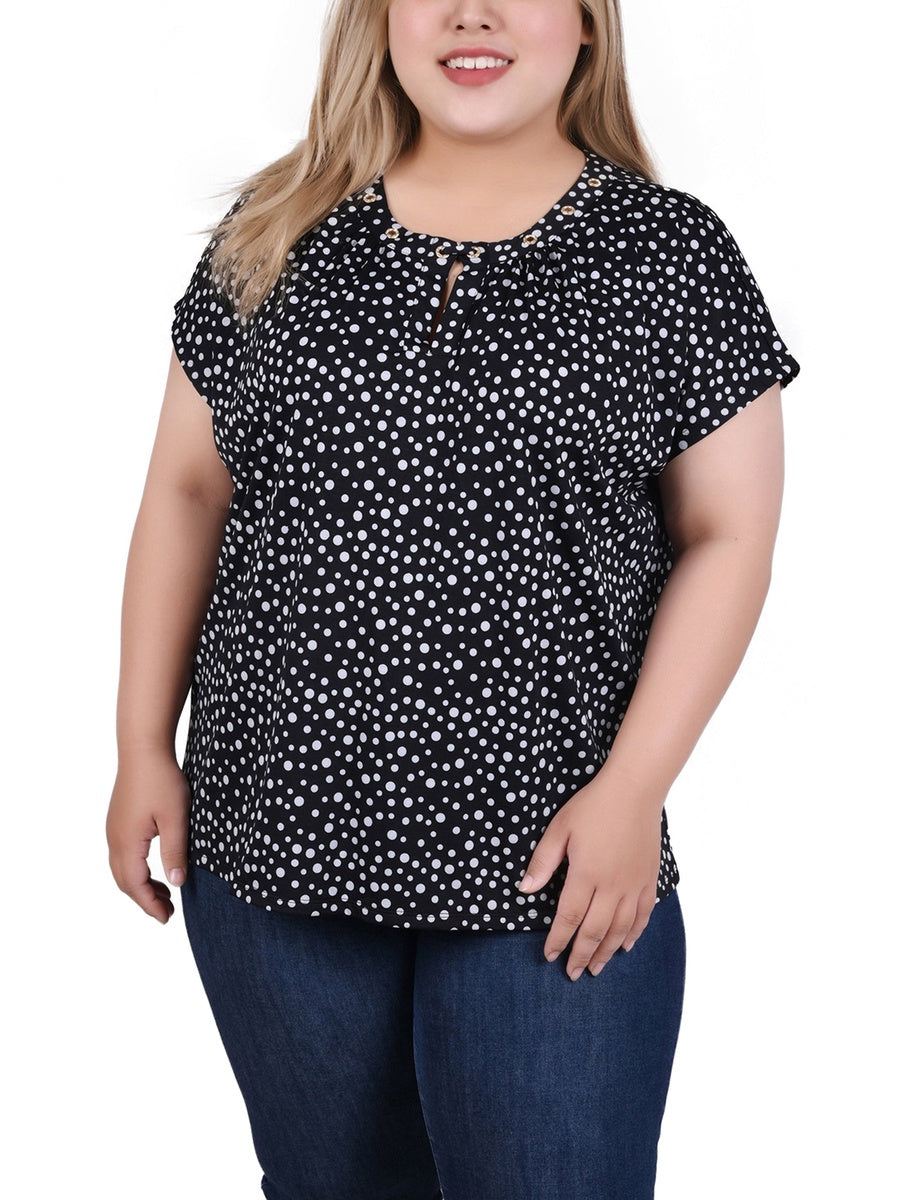  NY Collection Plus Size Extended Sleeve Top With Grommets - Black Blue Taupe Abstract - Bonton