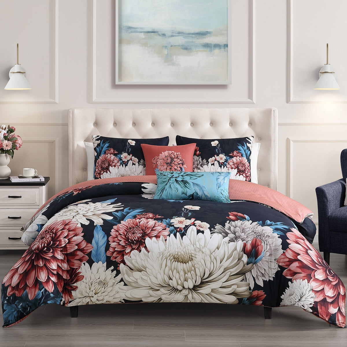  Bebejan Bebejan Navy Mums 5 Piece Reversible Comforter Set - QUEEN - Bonton