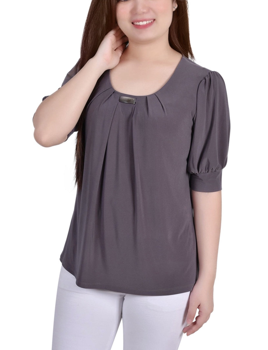  NY Collection Short Sleeve Balloon Sleeve Top With Hardware - Black - Bonton