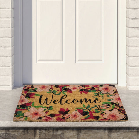 Natural Coir Blossoming Floral Outdoor Rectangular "Welcome" Doormat 18" X 30"