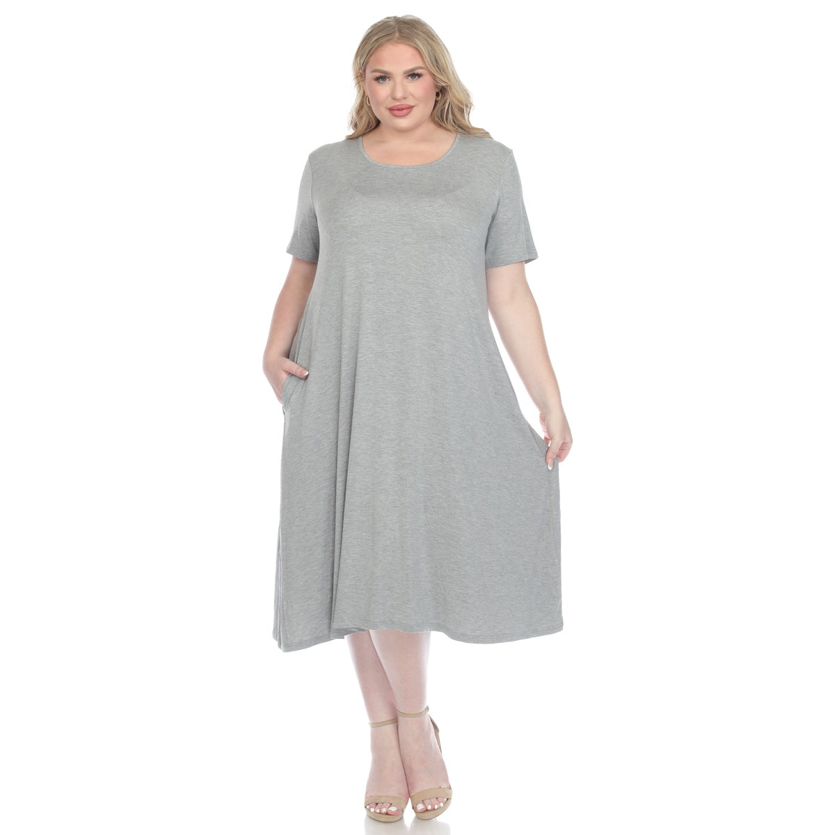  White Mark Plus Size Short Sleeve Pocket Swing Midi Dress - 3X - Bonton