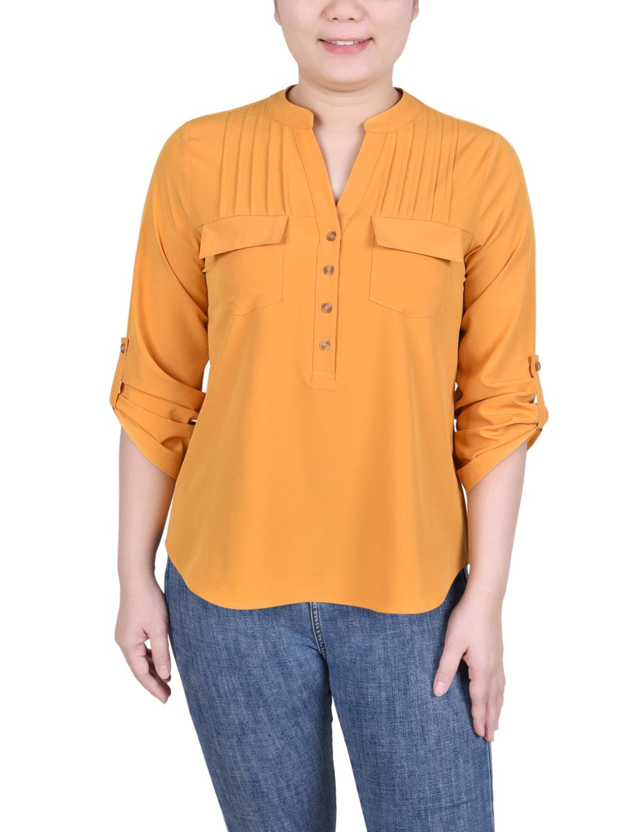  NY Collection Long Tab-Sleeve Blouse With Pockets - Golden Glow - Bonton