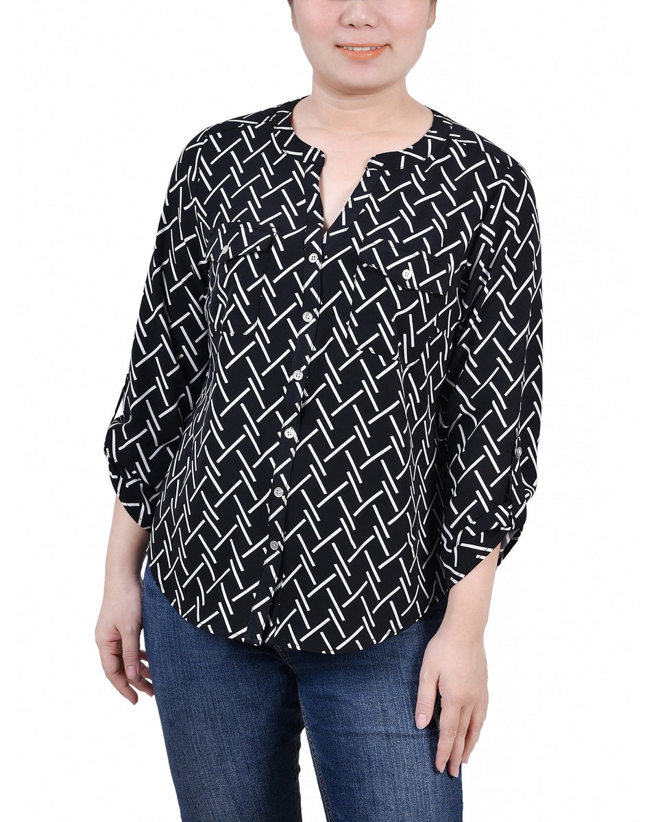 NY Collection Petite 3/4 Sleeve Roll Tab Y Neck Blouse - Black White Abstract - Bonton