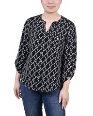 Petite 3/4 Sleeve Roll Tab Y Neck Blouse