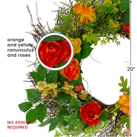 Ranunculus and Rose Floral Spring Wreath  Orange and Yellow 20"
