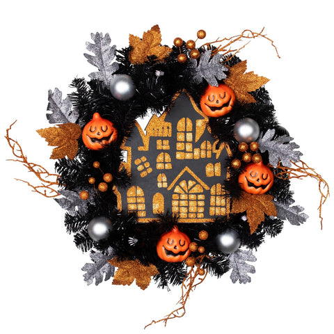 Orange and Black Haunted House Halloween Wreath  24-Inch  Unlit