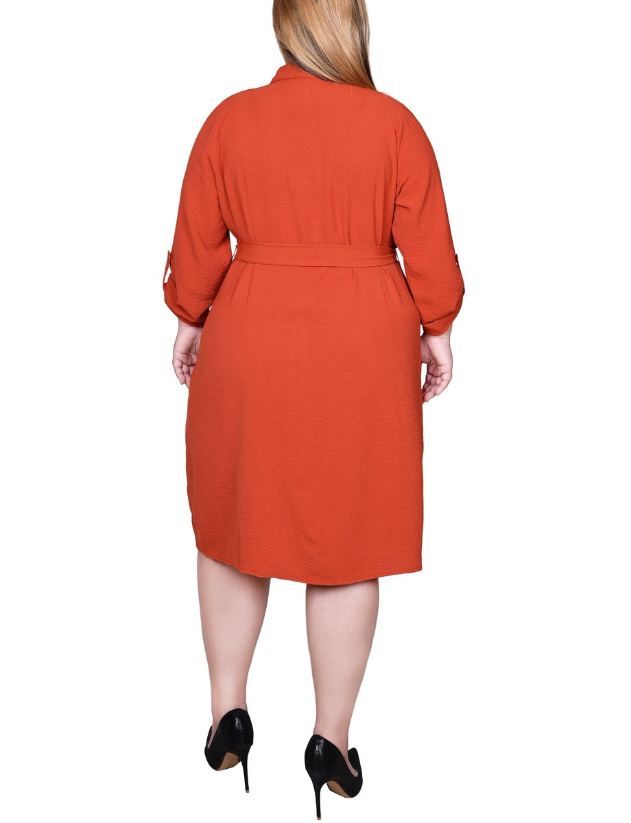  NY Collection Plus Size Long Roll Tab Sleeve Shirtdress - Burnt Olive - Bonton